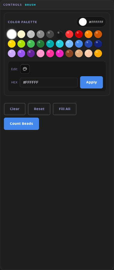 Screenshot of the Brush mode color palette in the Maga Games Perler Bead Studio, showing palette swatches, selected color, hex field, and cleanup actions.