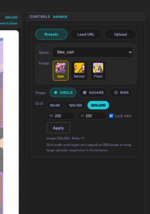 Screenshot of the grid size controls in the Maga Games Perler Bead Studio, including preset grid buttons, width and height fields, and the lock ratio option.