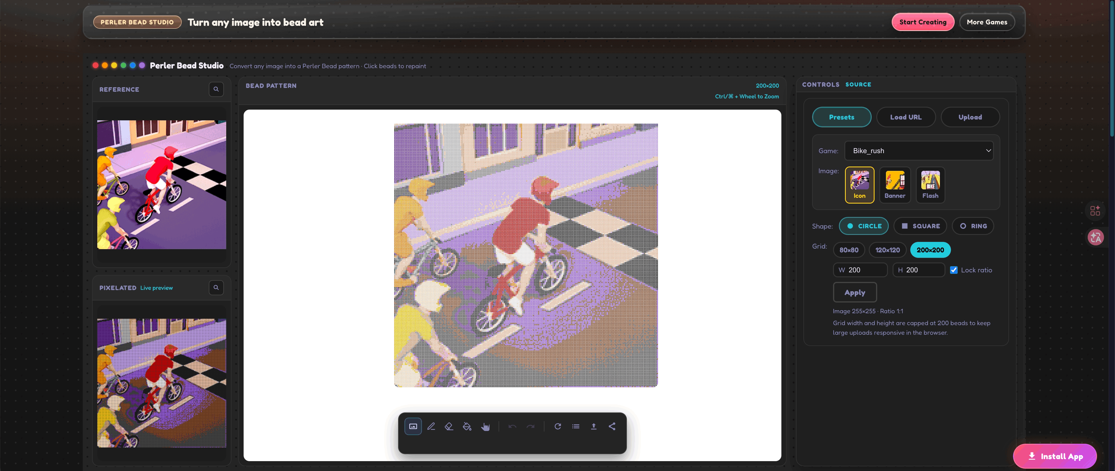 Screenshot of the Maga Games Perler Bead Studio showing the reference image, bead pattern preview, and source controls.